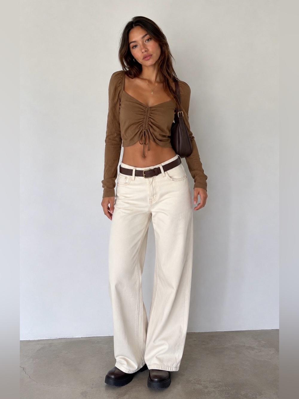 TNA Aritzia Ruched Drawstring Long Sleeve Crop Top Brown Size Small